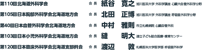 会期:2021年9月11日(土)・12日(日), 第110回北海道外科学会 会長: 紙谷 買之 (相川医科大学外科学講座心臓大血管外科学分野), 第105回日本胸部外科学会北海道地方会 会長: 北田 正博 (相川医科大学外科学講座呼吸器外科学分野), 第40回日本血管外科学会北海道地方会 会長: 中村 雅則 (市立札視病院心臓血管外科), 第102回日本小児外科学会北海道地方会 会長: 縫 明大（道立子ども総合医療・療育センター）, 第120回日本臨床外科学会北海道支部例会 会長: 渡辺 敦（札幌医科大学医学部 呼吸器外科学）