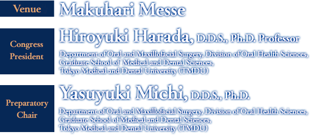 Venue：Makuhari Messe, Inc.／Congress president：Hiroyuki Harada, D.D.S., Ph.D. Professor／Preparatory Chair：Yasuyuki Michi, D.D.S., Ph.D.