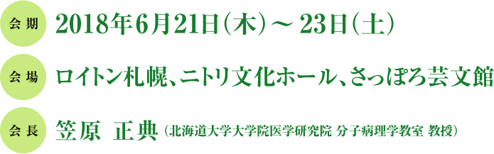 会期：2018年6月21日（木）〜23日（土）　会場：ロイトン札幌、ニトリ文化ホール、さっぽろ芸文館　会長：笠原　正典（北海道大学大学院医学研究院　分子病理学教室　教授）