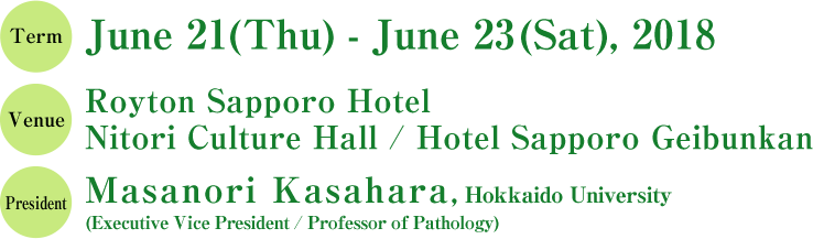 Term June 21(Thu) - June 23(Sat), 2018
			Venue Royton Sapporo Hotel Nitori Culture Hall / Hotel Sapporo Geibunkan
			President Masanori Kasahara Hokkaido University (Executive Vice President/ Professor of Department of Pathology)