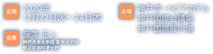 会期 2020年 12月22日(火)～24日（木）
					会場 神戸国際展示場 神戸国際会議場 神戸ポートピアホテル
					会長 藤澤 正人 神戸大学大学院器官治療医学講座 腎泌尿器科学分野