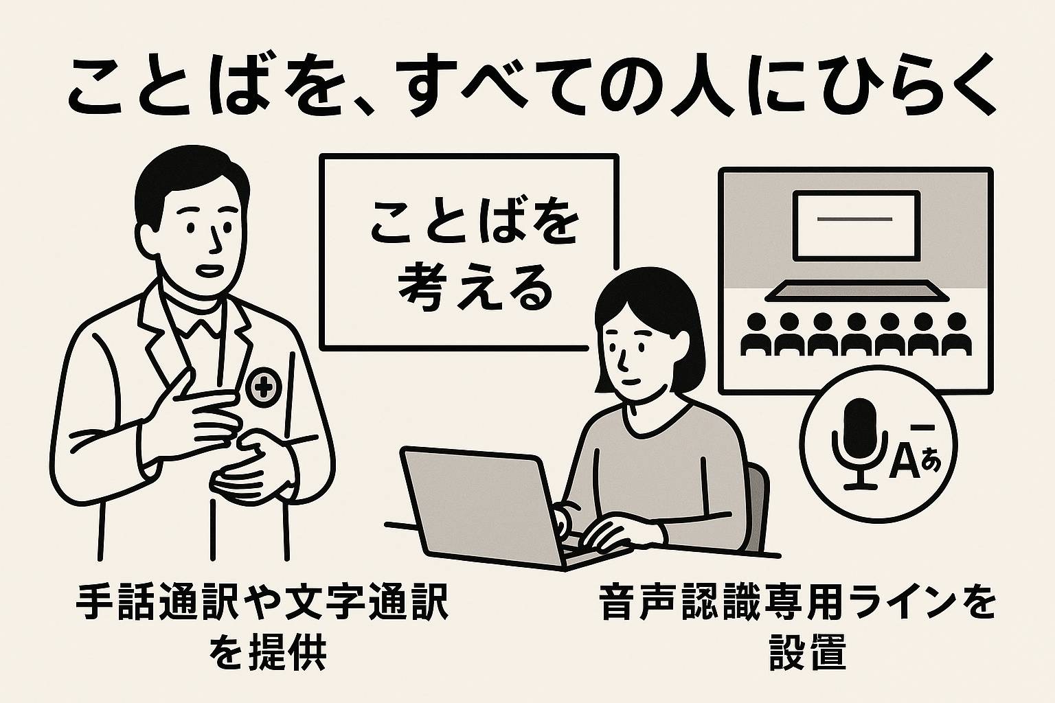 3日間の午前中（第2会場「さくら」）すべての講演で、《手話通訳》と《文字通訳》をご用意しています。また、全会場の下手（演台側）中央付近に、音声認識用の専用ラインを設置（※）。必要な方が文字情報をリアルタイムで受け取れるよう配慮しています。