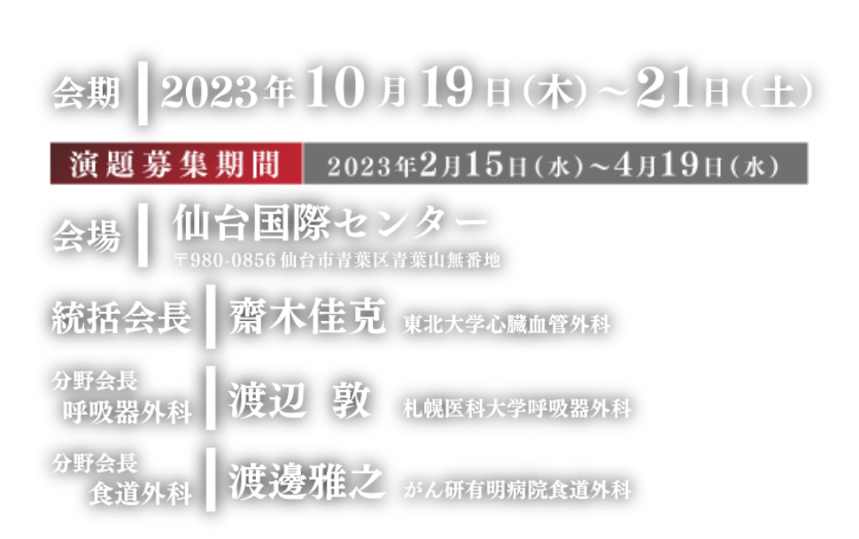 会期：2023年10月18日（水）～21日（土）／会場：仙台国際センター／統括会長：齋木　佳克（東北大学心臓血管外科）／呼吸器外科分野会長：渡辺　敦（札幌医科大学呼吸器外科）／食道外科分野会長：渡邊　雅之（がん研有明病院食道外科）