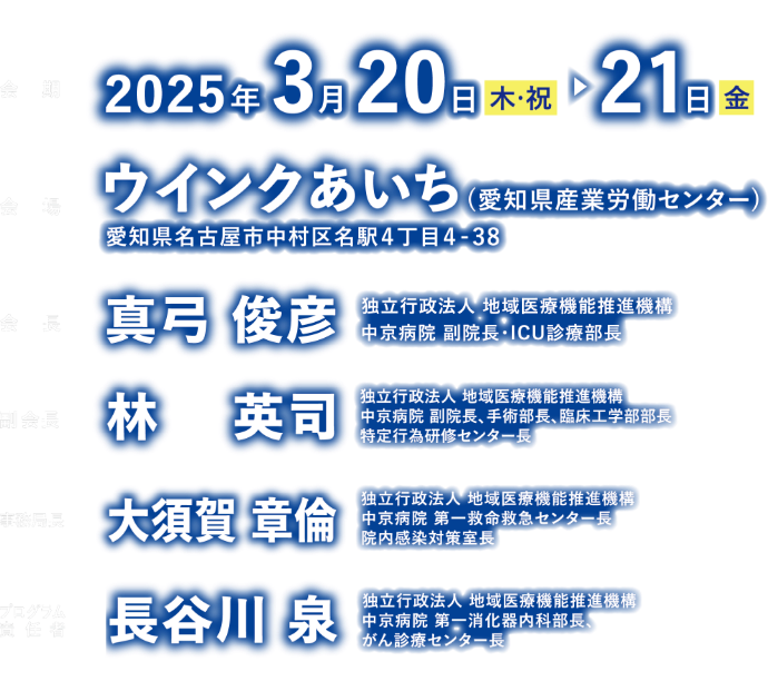 会期：2025年3月20日（木・祝）〜21日（金）／会場：ウインクあいち（愛知県産業労働センター）愛知県名古屋市中村区名駅4丁目4-38／会長：真弓 俊彦（独立行政法人 地域医療機能推進機構 中京病院 副院長・ICU診療部長）／副会長：林 英司（独立行政法人 地域医療機能推進機構 中京病院 副院長、手術部長、臨床工学部部長 特定行為研修センター長）／事務局長：大須賀 章倫（独立行政法人 地域医療機能推進機構 中京病院 第一救命救急センター長 院内感染対策室長）／プログラム責任者：長谷川 泉（独立行政法人 地域医療機能推進機構 中京病院 第一消化器内科部長、がん診療センター長）