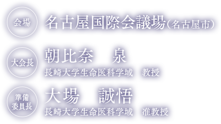 会場: 名古屋国際会議場（名古屋市）大会長: 朝比奈　泉 長崎大学生命医科学域　教授 準備委員長: 大場　誠悟 長崎大学生命医科学域　准教授